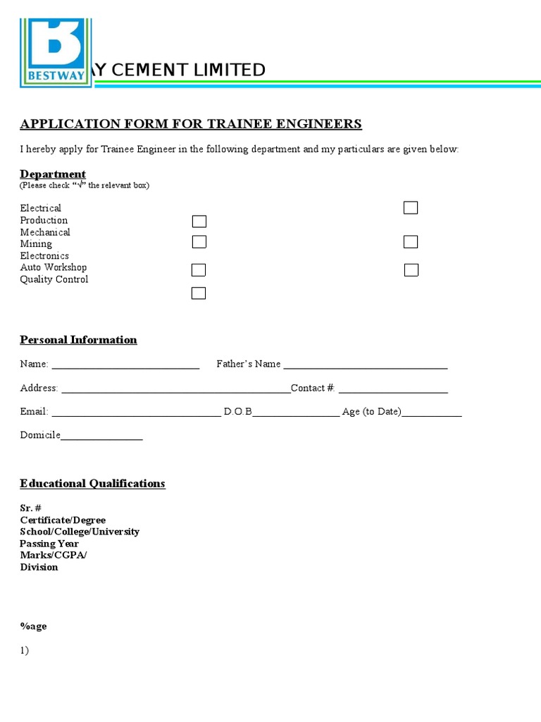 Bestway Cement Trainee Engineer Application | PDF