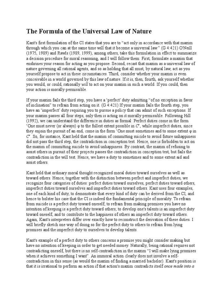 The Formula of the Universal Law of Nature Immanuel Kant