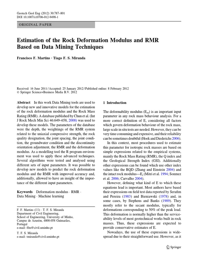Estimation of the Rock Deformation Modulus and RMR | Correlation And