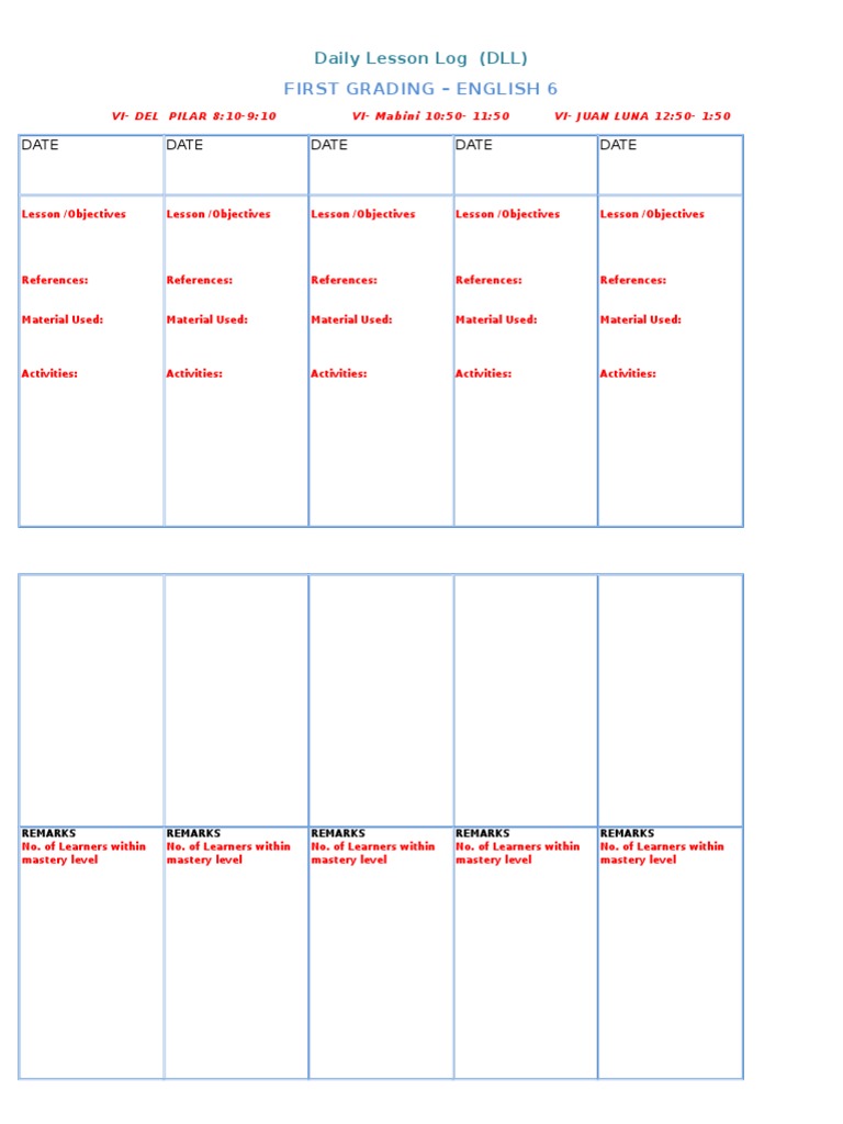 Daily lesson log teaching and learning