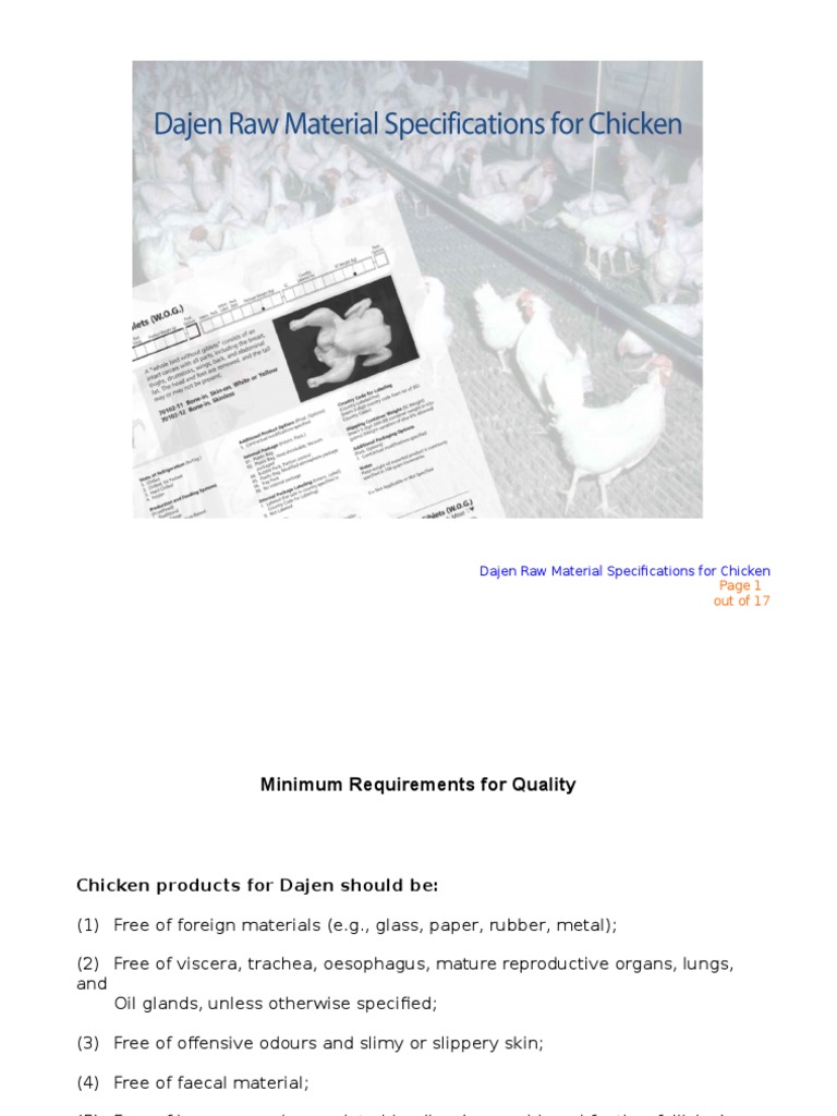 Dajen Chicken Quality Specifications | PDF | Animals And Humans | Food ...