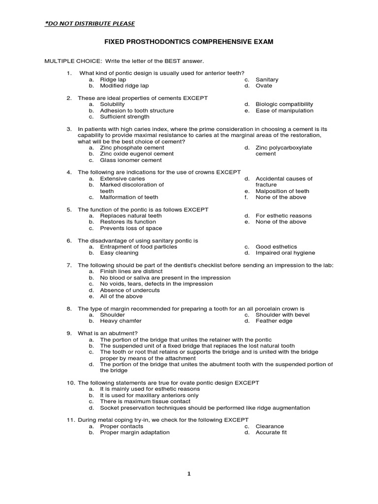Fixed Prosthodontics Exam PDF Dentures Mouth