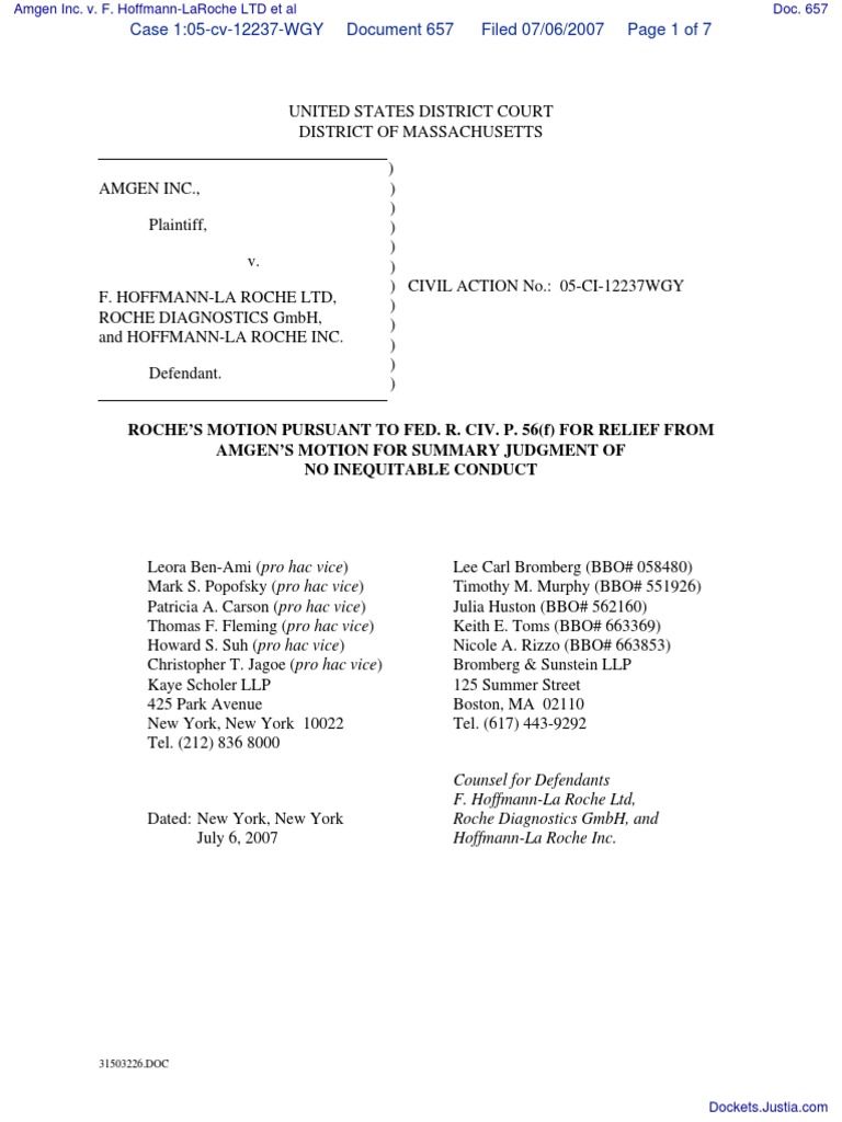 Roche’S Motion Pursuant To Fed. R. Civ. P. 56(F) For Relief From Amgen