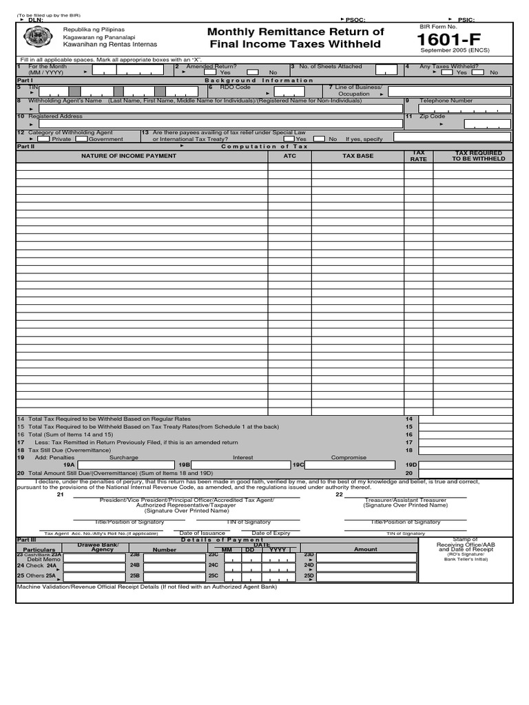 BIR Form 1601-F Tax Remittance Guide | PDF | Withholding Tax | Internal ...