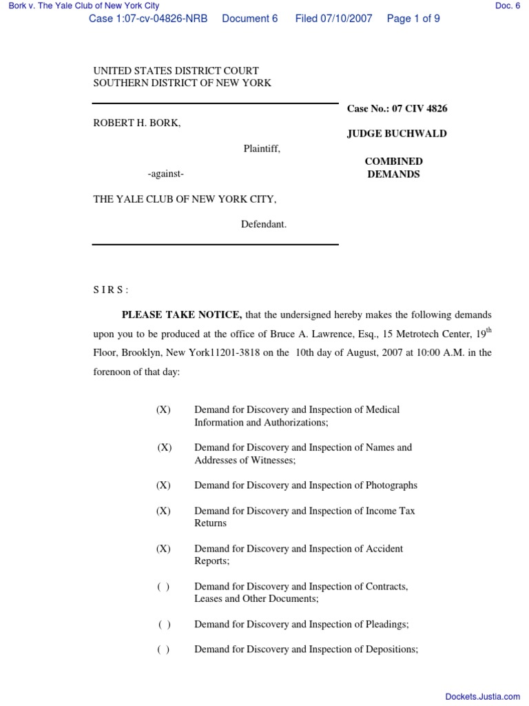 Bork v. The Yale Club of New York City Document No. 6 PDF Federal