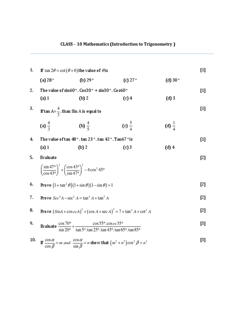 Class 10 Trigonometry Test Paper | PDF | Science & Mathematics ...
