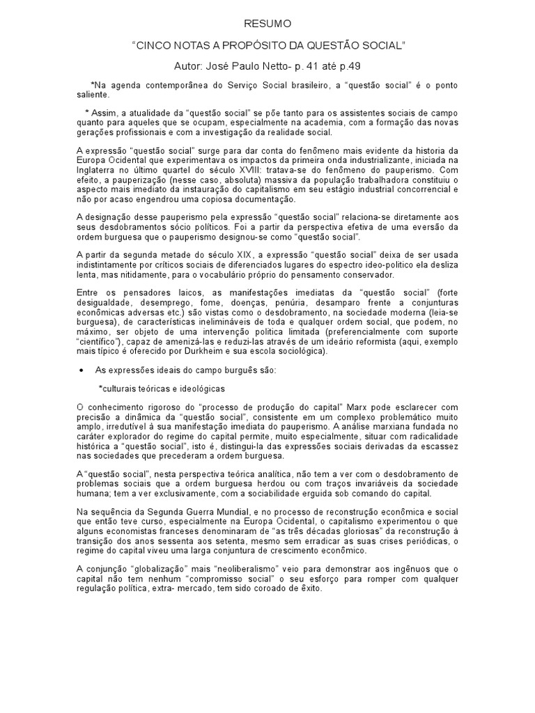 RESUMO Texto Cinco Notas A Proposito Da Questão Social | PDF ...