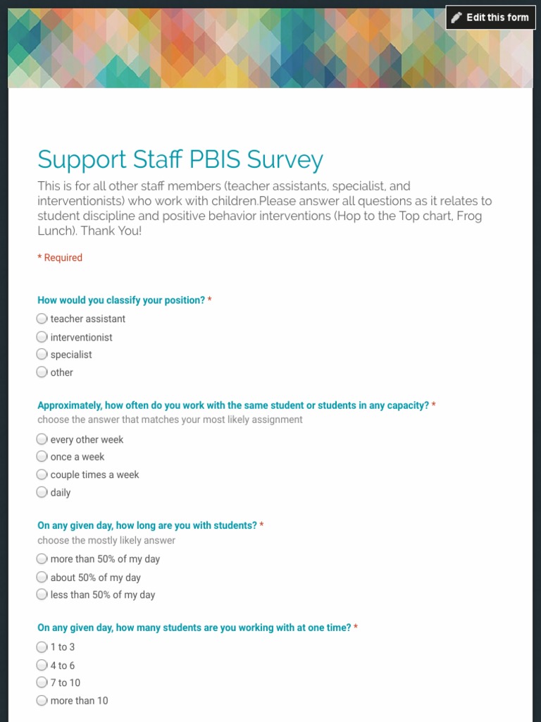 PBIS Survey for Support Staff | PDF | Teachers | Behavior Modification