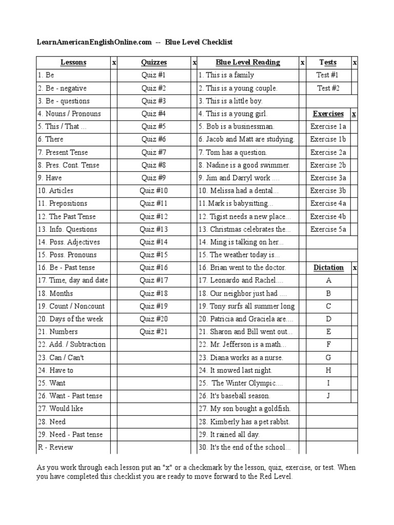 Blue Level English Learning Checklist | PDF