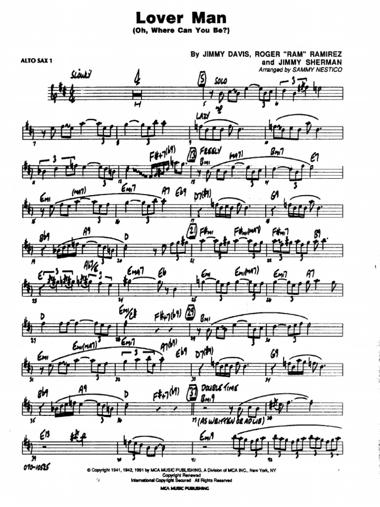 Nestico Arrange Jazz Big Band Part Score Lover Man Arr Sammy