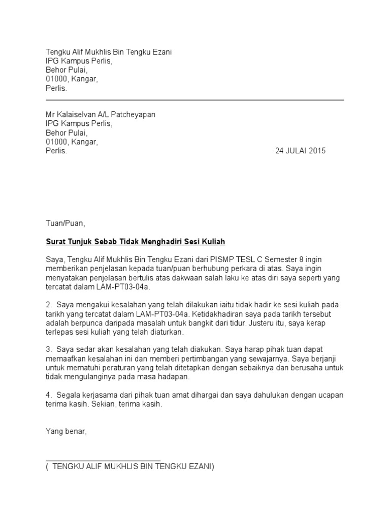 Surat Tunjuk Sebab Tidak Hadir Kuliah  letter.7saudara.com