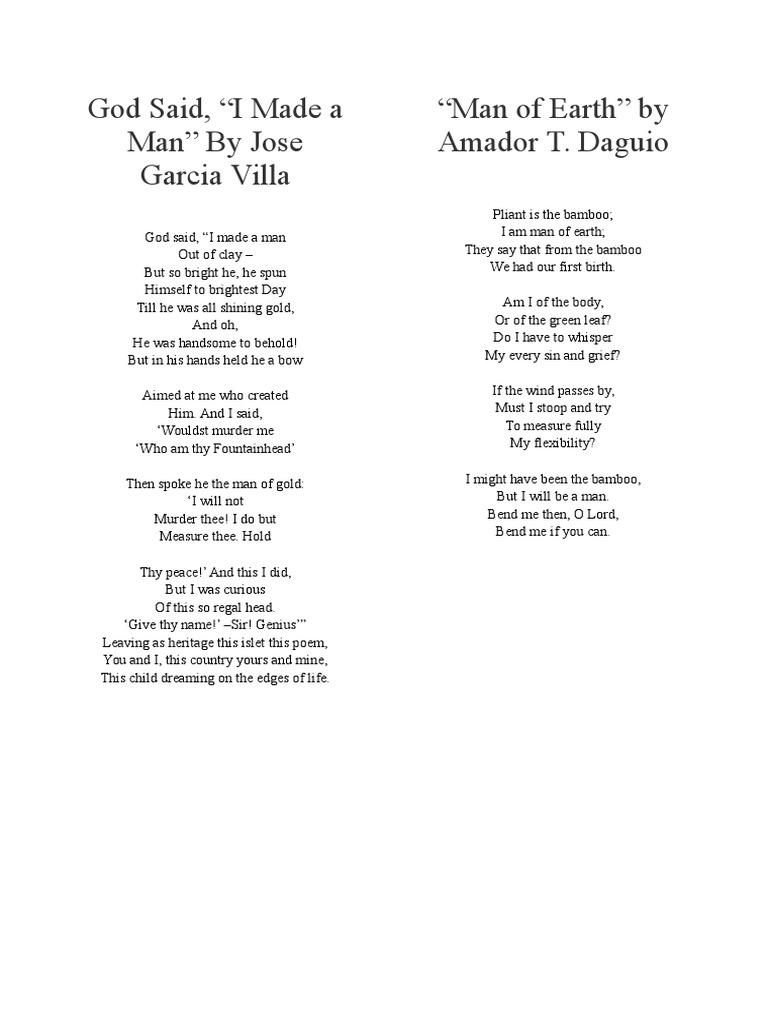 God Said, “I Made a Man” By Jose Garcia Villa and “Man of Earth” by