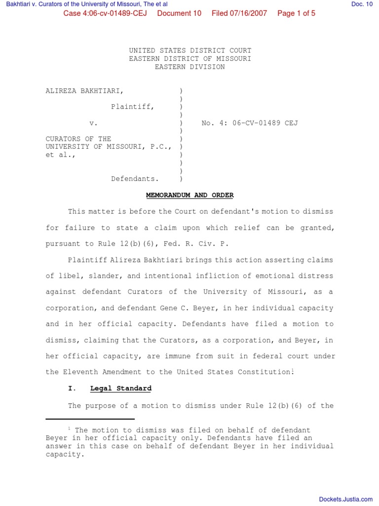 Bakhtiari v. Curators of The University of Missouri, The Et Al