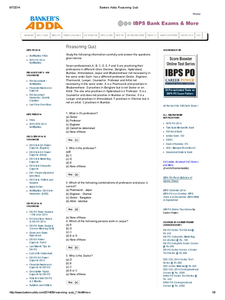 Bankers Adda Reasoning Quiz PDF Test (Assessment) Business