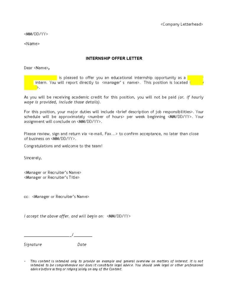 Internship Offer Letter Sample