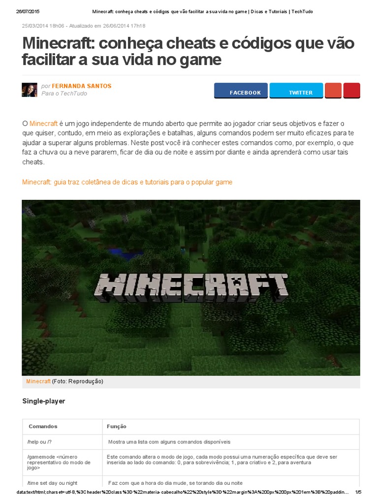 Cheats e Códigos para Minecraft | PDF | Minecraft | Videogames