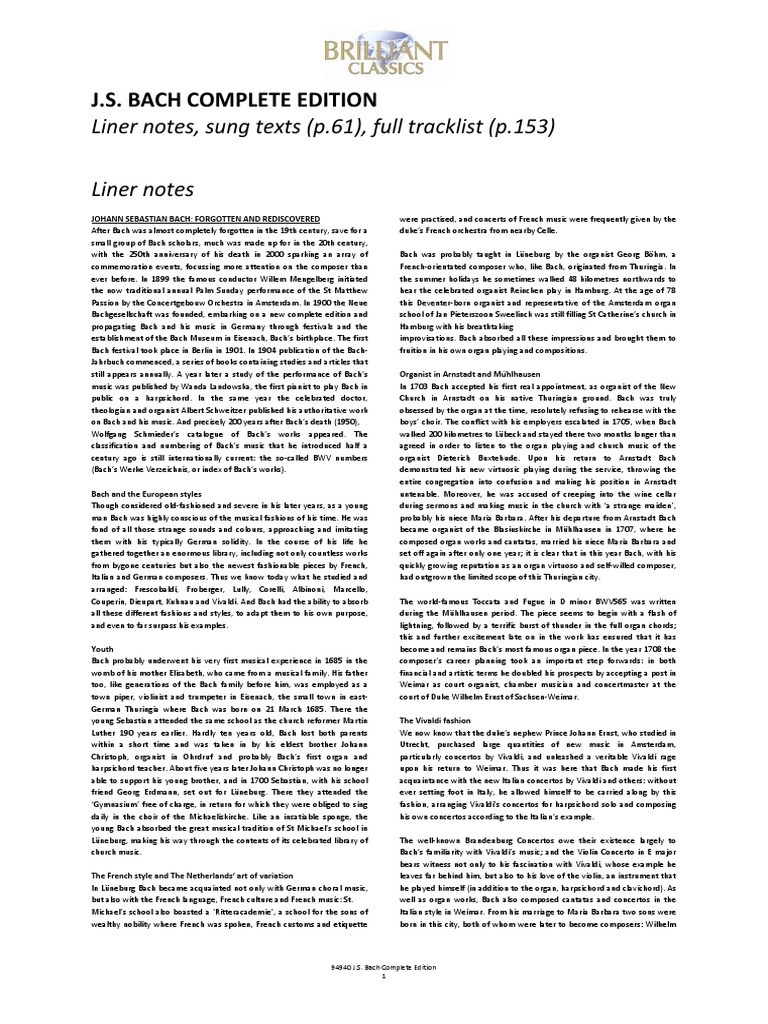 Js Bach Complete Edition Liner Notes Sung Texts Download | PDF | Johann ...