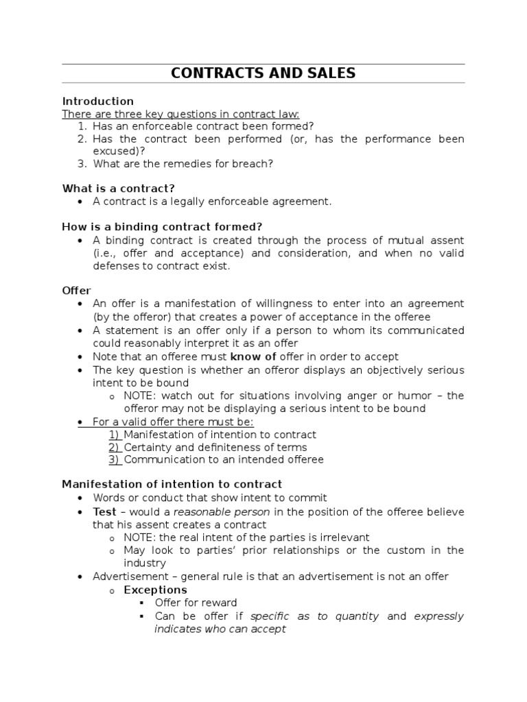 Contracts and Sales - Final Review Outline | PDF | Offer And Acceptance ...