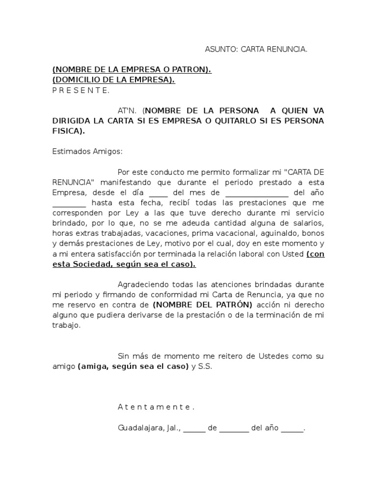 Carta Renuncia Pdf Liquidación Gobierno