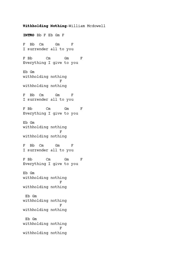 Witholding Nothing Chords PDF