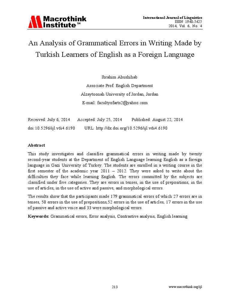 Turkish EFL Learners' Grammar Errors | PDF | Second Language | English ...