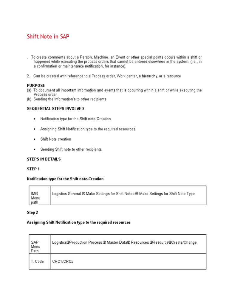Shift Note in SAP: Purpose | PDF