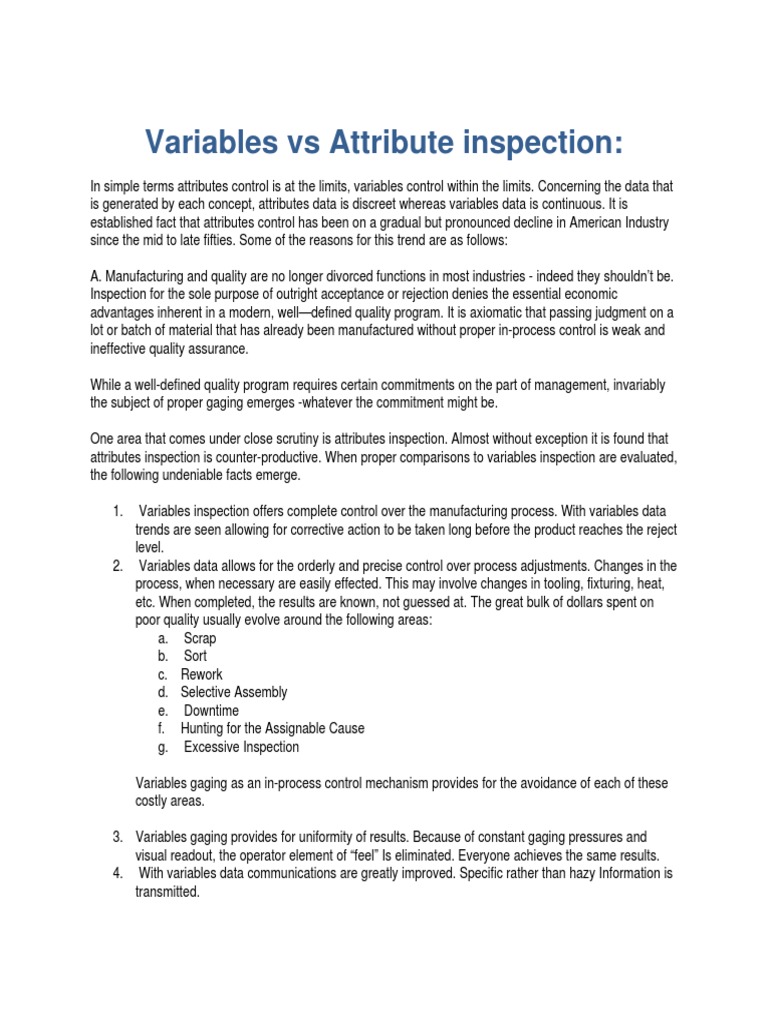 Variables Vs Attribute Inspection PDF Variable Science) Quality Assurance