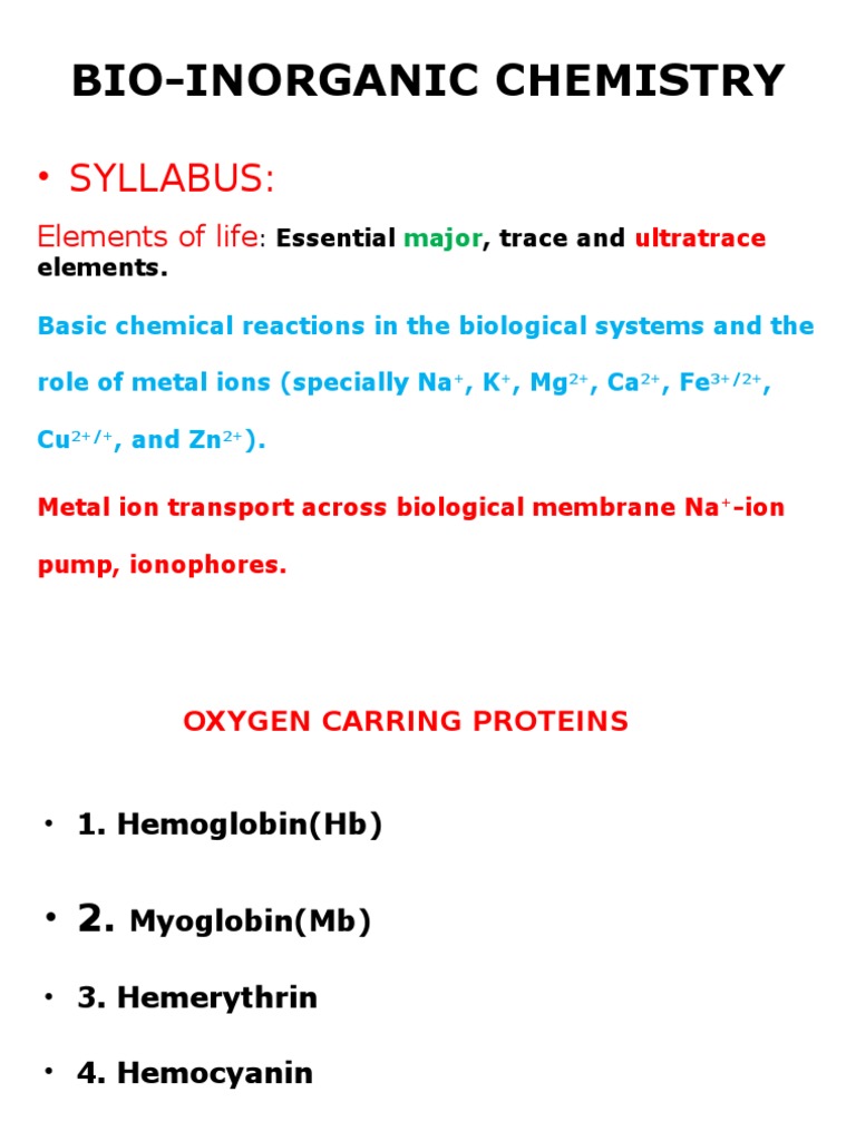 Essential Elements in Bio-Inorganic Chemistry | PDF | Bioinorganic ...