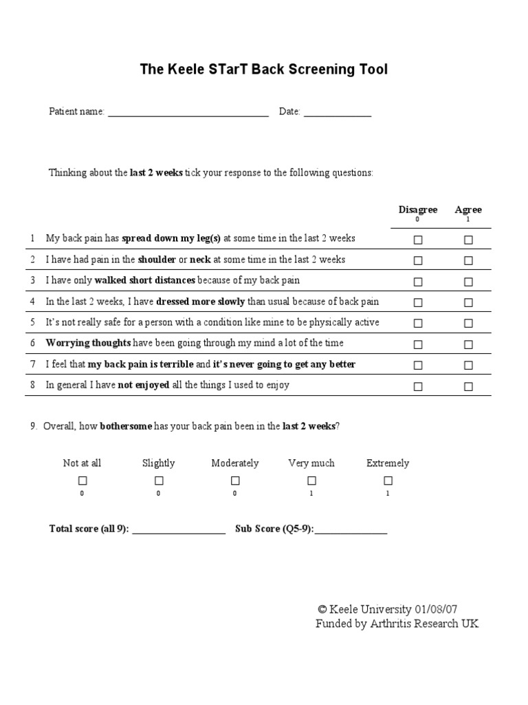 The Keele Start Back Screening Tool: Disagree Agree | PDF | Wellness