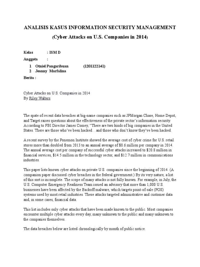 Cyber Attacks on U.S. Companies 2014 | PDF | Computer Security | Security