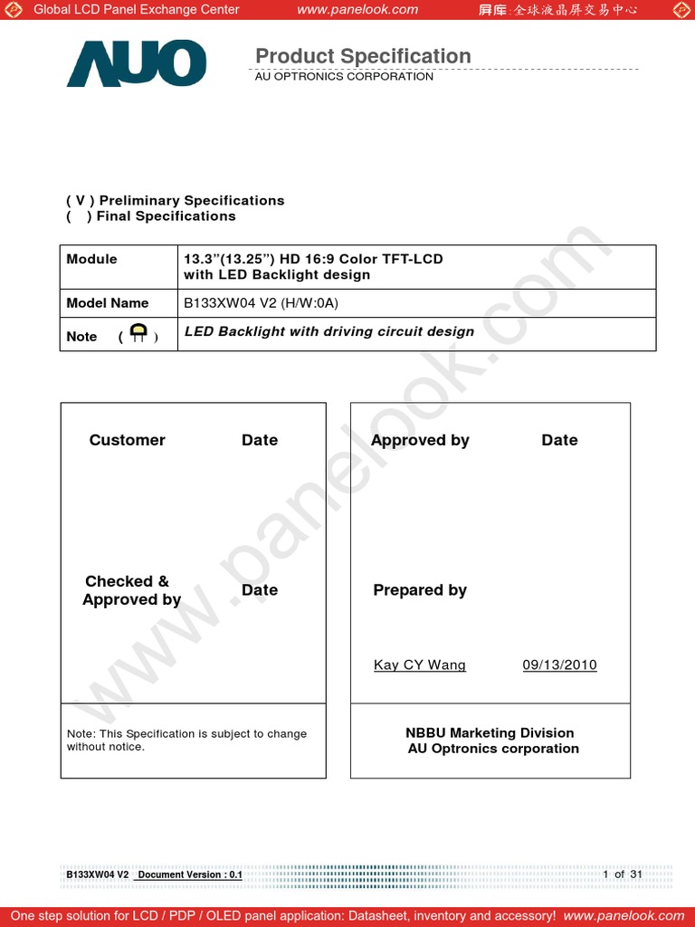 B133XW04 V2 LCD Panel Specifications | PDF | Thin Film Transistor ...
