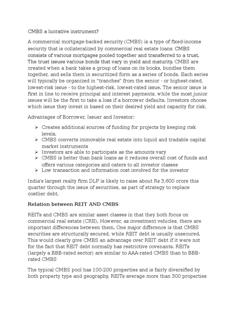 CMBS A Lucrative Instrument? Relation Between REIT AND CMBS PDF