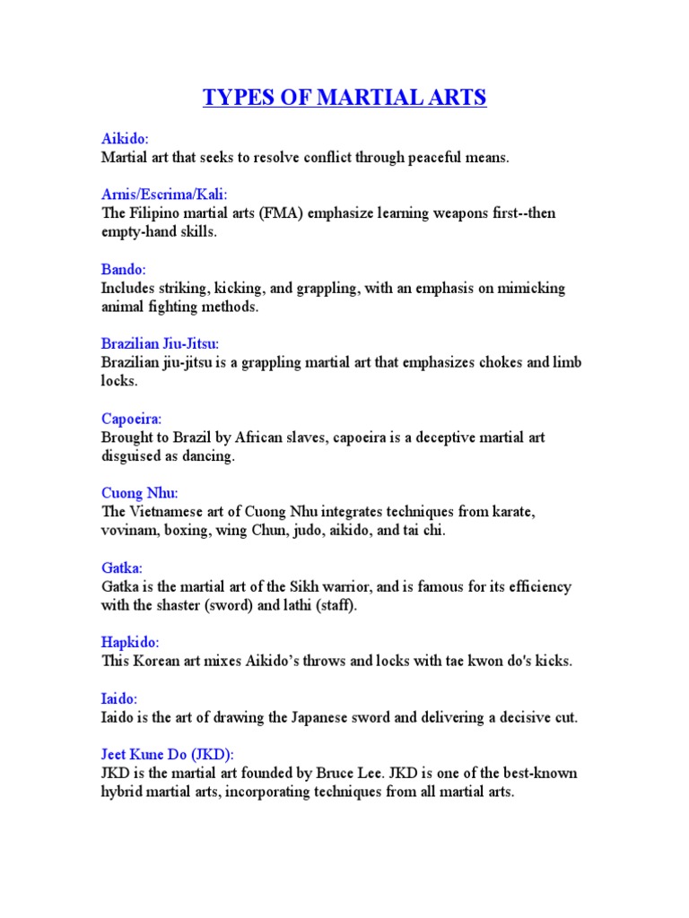 Comprehensive Martial Arts Types List | PDF
