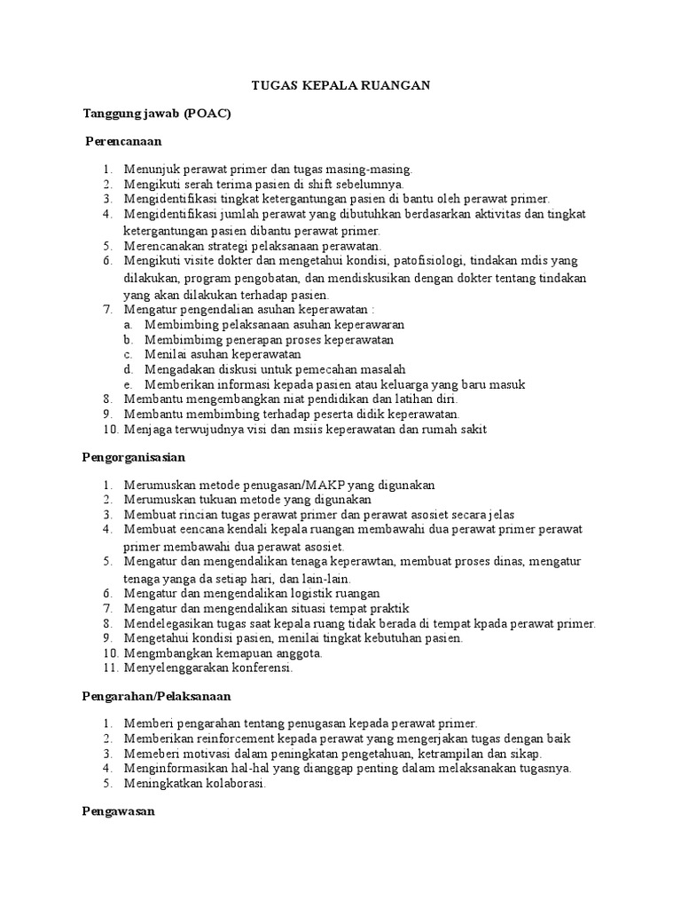 Tugas Kepala Ruangan Tanggung jawab (POAC) Perencanaan