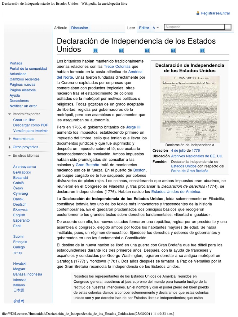 Declaración de Independencia de Los Estados Unidos | PDF | Declaración ...