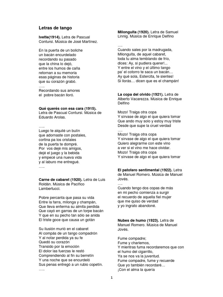 Letras de Tangos Famosos y Emocionantes | PDF | Musica Tango ...