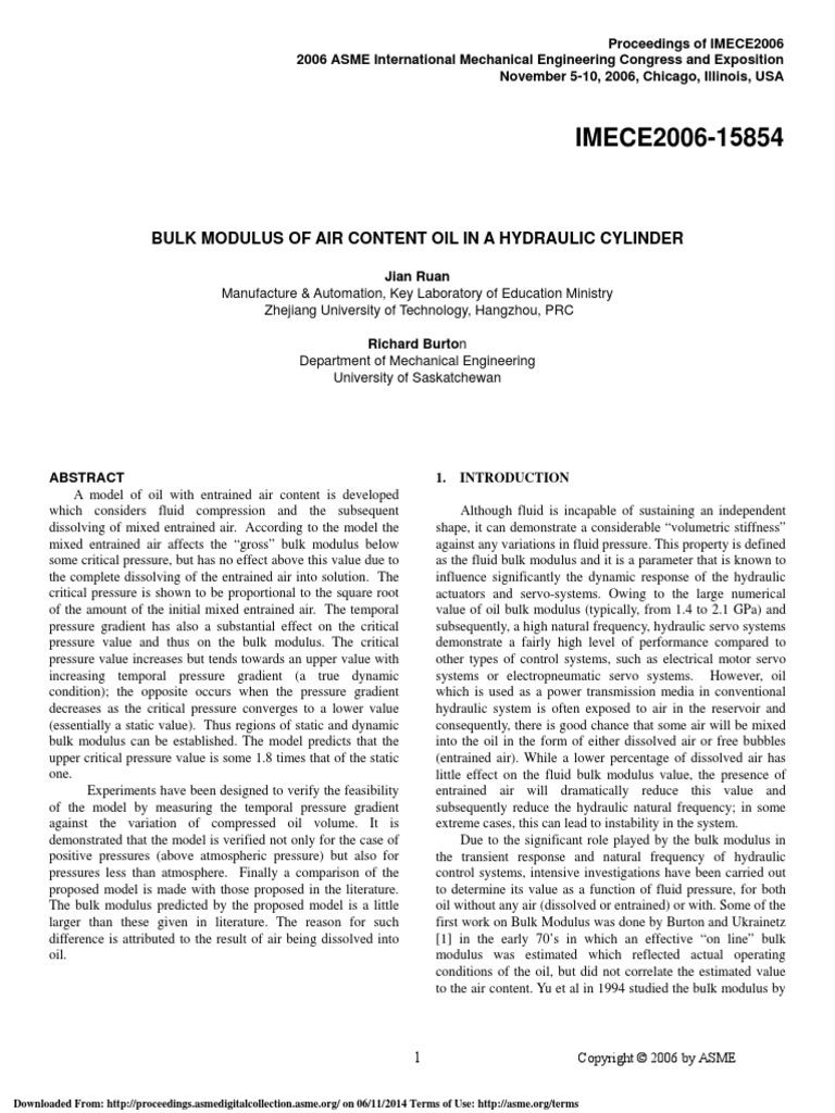 Bulk Modulus of Air Content Oil in A Hydraulic Cylinder PDF