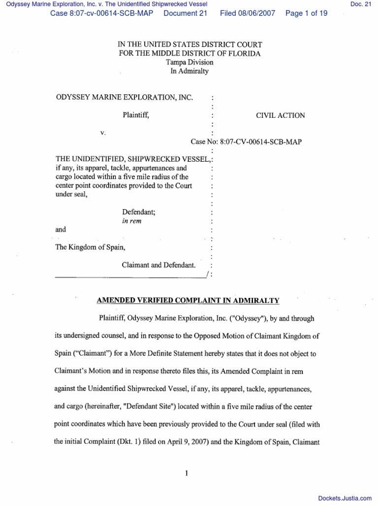 Odyssey Marine Exploration v. Unidentified Vessel | PDF | Admiralty Law ...