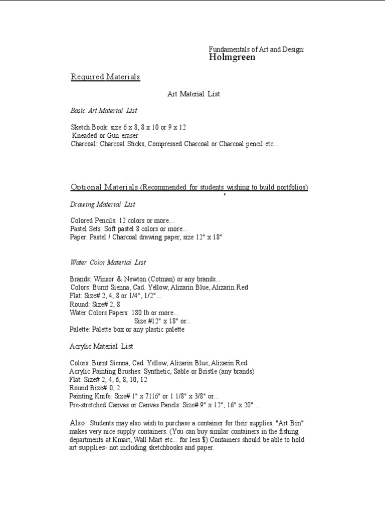 Art Materials List PDF Pastel Acrylic Paint