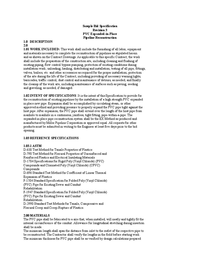 Sample Bid Specification PDF Polyvinyl Chloride Pipe (Fluid