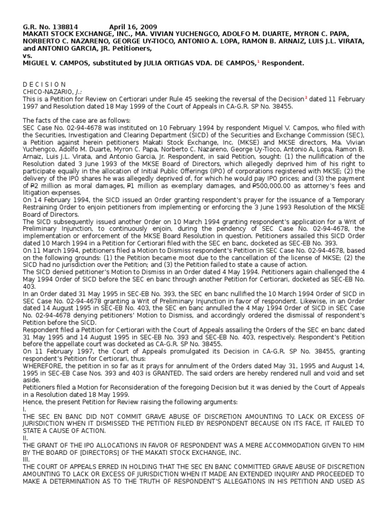 Makati Stock Exchange Vs Campos PDF Initial Public Offering Complaint