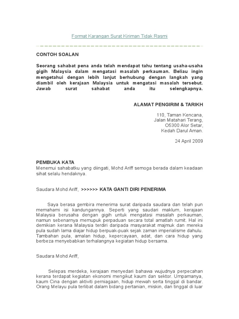 Format Karangan Surat Kiriman Tidak Rasmi
