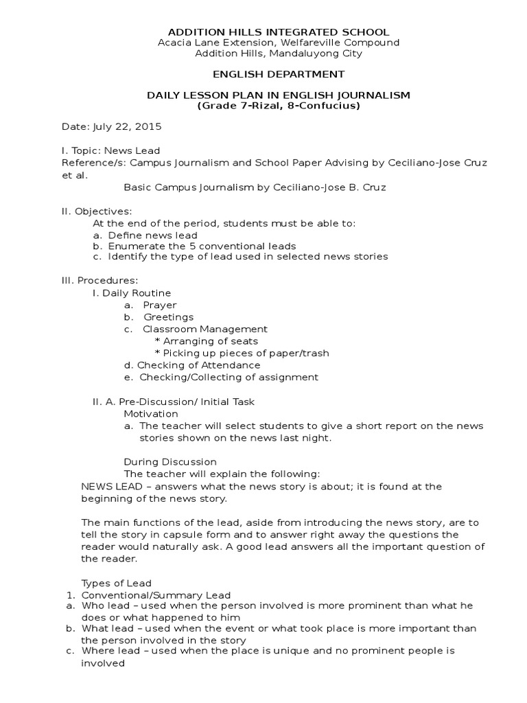 Lesson Plan on Summary Leads Lesson Plan Journalism