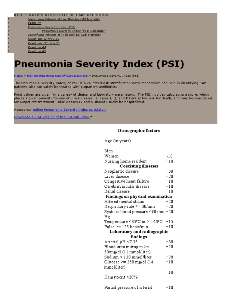 Pneumonia Severity Index Risk Assessment | PDF