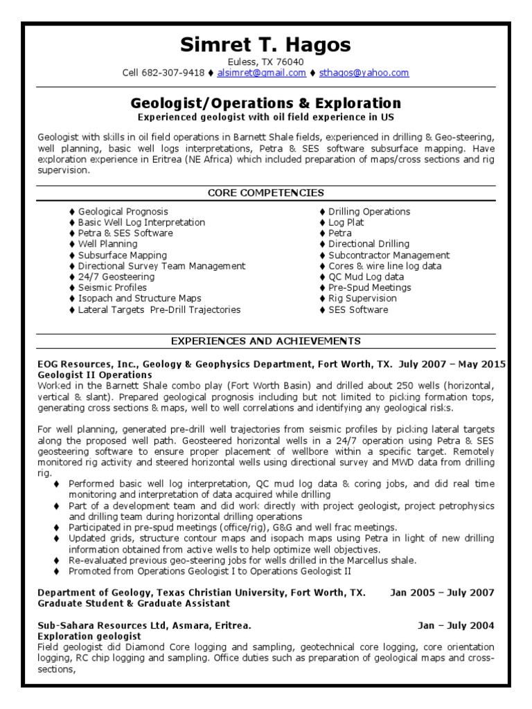 Operations Geologist Resume Summary | PDF | Drilling Rig | Geology