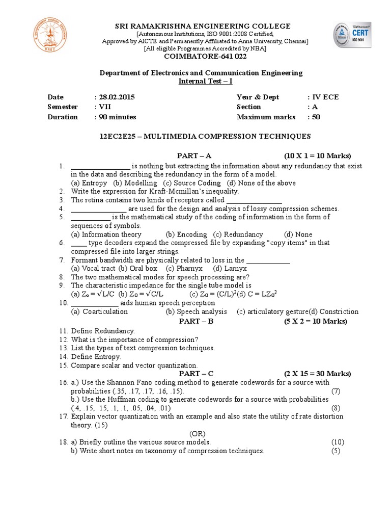MCT Internal Test1 | PDF | Data Compression | Code