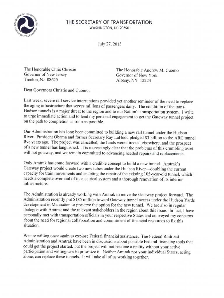 Letter From U S Dot Secretary Foxx To Governors Of Ny And Nj