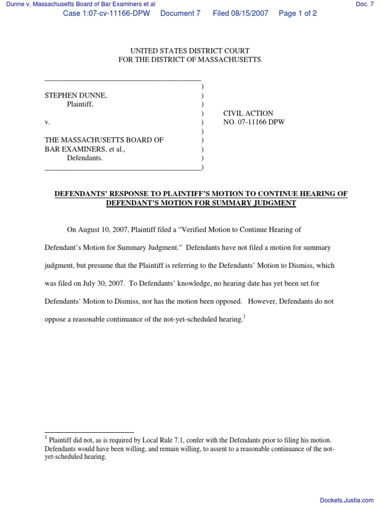 Defendants’ Response To Plaintiff’S Motion To Continue Hearing Of