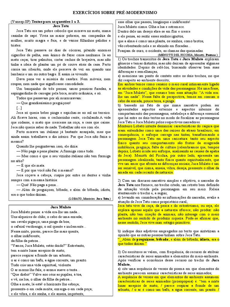Exercícios sobre Pré-Modernismo | PDF | Realismo (artes) | Amor