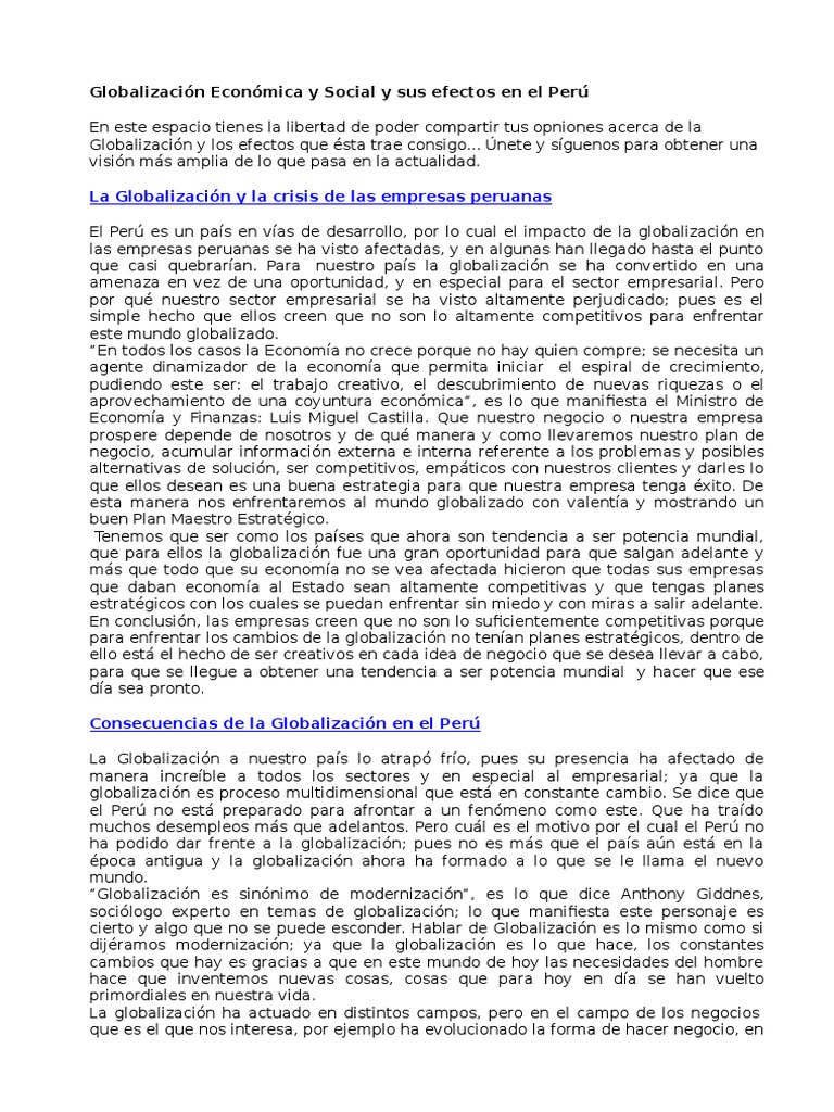 Impacto de la Globalización en Perú | PDF | Globalización | Comercio